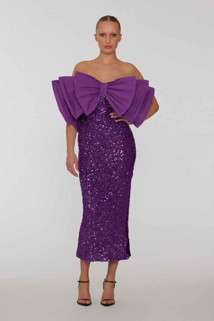 Sequins Bow Midi Dress Purple Magic