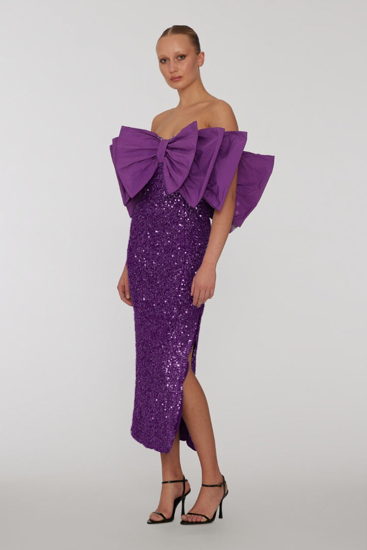 Sequins Bow Midi Dress Purple Magic