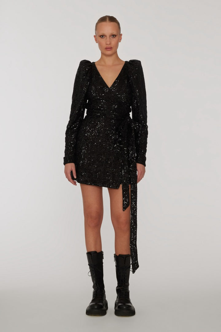 Sequins Mini Wrap Dress Black