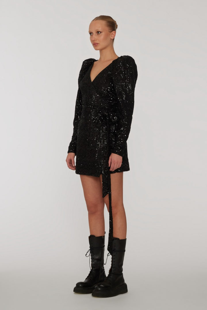 Sequins Mini Wrap Dress Black