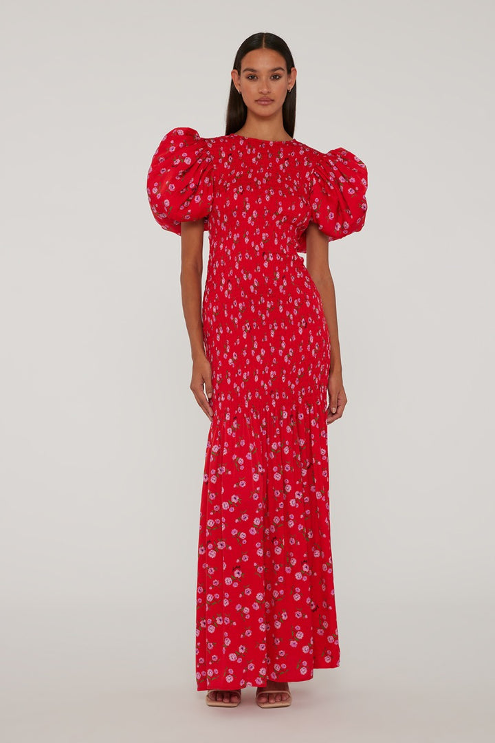 Printed Puff Sleeve Dress Red